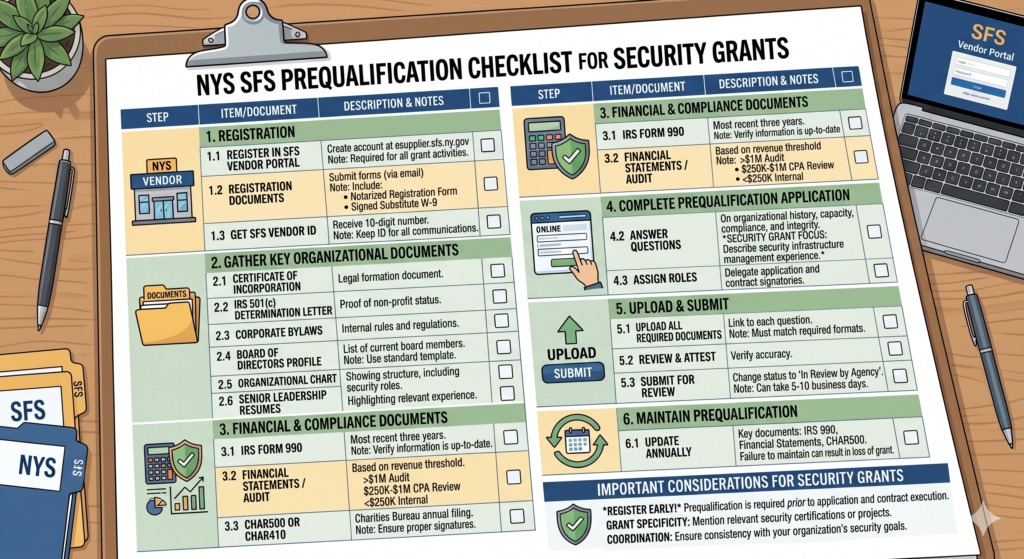 Document checklist representing the NYS SFS prequalification process for security grants