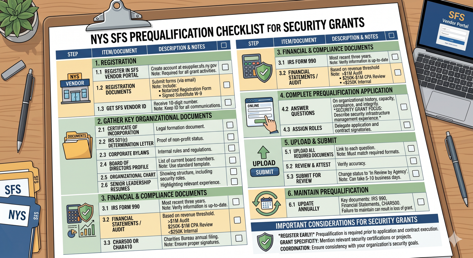 Document checklist representing the NYS SFS prequalification process for security grants